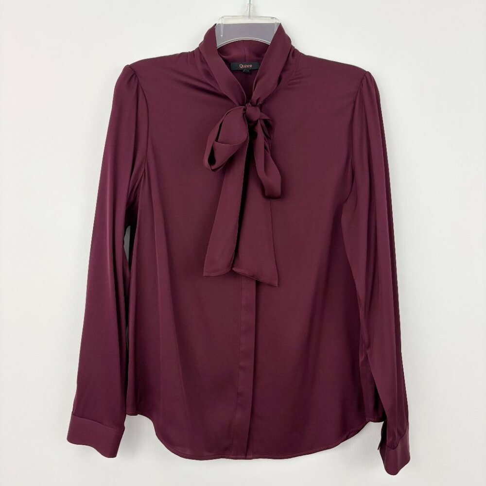 Quince Washable Stretch Silk Tie Neck Blouse Size M Wine Tasting Button Up - Picture 2 of 11